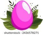 Pink Easter egg with green leaves and branches on background. Illustration in flat style. Vector clipart for design of card, banner, flyer, sale, poster, icons