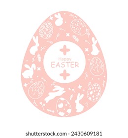 Pink Easter egg isolated on white background with silhouette decoration of Easter bunnies, eggs and flowers. Happy Easter. Unique template for spring designs.