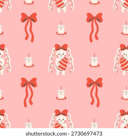 Huevo de Pascua rosado y conejo sin patrón. Fondo lindo de Festiva de la coqueta de Kawaii con el arco de la vela del conejo. Decoración festiva rosa pastel infantil. Ilustración vectorial plana