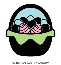 Pink Easter eggs with black stripes in egg cup