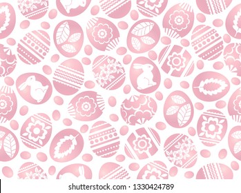 Pink Easter eggs decorated with flowers, leafs and rabbits. Easter repeatable design. Seamless pattern. Can be used for fabric, wallpaper, web background, crap booking, vector