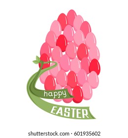 Pink Easter eggs with a green tape and leaves. On a white background. Vector illustration.