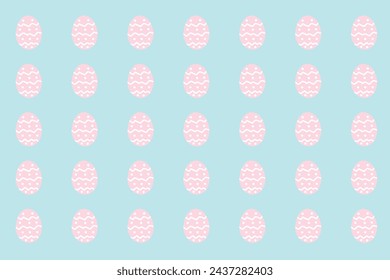 Pink easter eggs with white decoration on a blue background, organized in a pattern way