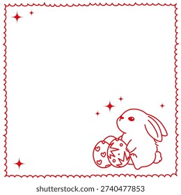Pink Easter frame template with cute bunny and eggs. Pink Easter frame template with cute bunny and decorated eggs in line art style. Minimal spring background with copy space for greeting cards, invitations, posters and holiday designs.