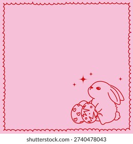 Pink Easter frame template with cute bunny and eggs. Pink Easter frame template with cute bunny and decorated eggs in line art style. Minimal spring background with copy space for greeting cards, invitations, posters and holiday designs.