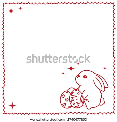 Pink Easter frame template with cute bunny and eggs. Pink Easter frame template with cute bunny and decorated eggs in line art style. Minimal spring background with copy space for greeting cards, invitations, posters and holiday designs.