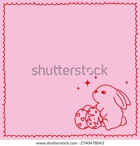 Pink Easter frame template with cute bunny and eggs. Pink Easter frame template with cute bunny and decorated eggs in line art style. Minimal spring background with copy space for greeting cards, invitations, posters and holiday designs.