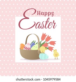 Pink easter greeting card with eggs, dandelion flowers and the inscription "Happy Easter". Vector illustration EPS8