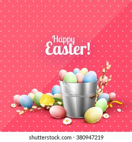 Pink Easter greeting card with flowers and colorful eggs in the bucket