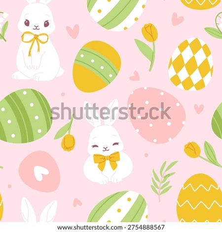 Pink easter pattern with eggs and rabbits. Seamless vector print easter eggs and bunnies.