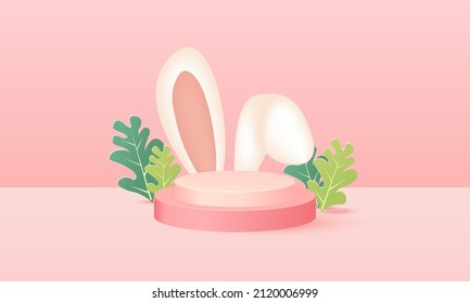 Pink Easter podium stage with bunny ears decoration. 3D cartoon vector