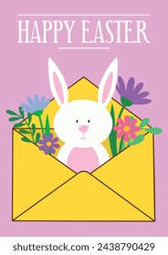 Postal de Pascua rosa con conejito blanco y flores en sobre