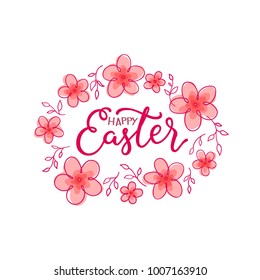 Pink Easter poster. Floral frame Happy Easter post card. Spring style vector illustration. Hand drawn calligraphy lettering title.