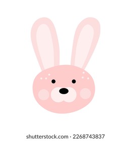 Pink easter rabbit isolated illustration for postcard. Kids cartoon style bunny head with ears.