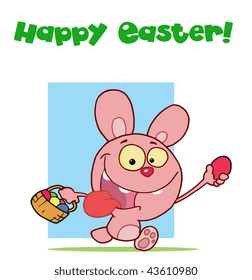 Pink easter rabbit running and holding up an egg and carrying a basket
