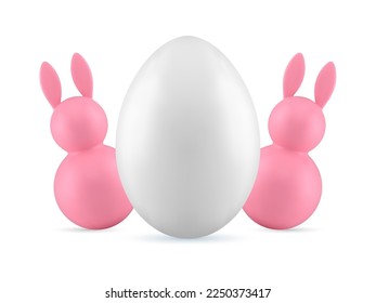 Pink Easter rabbit tiny bauble white chicken egg religious traditional holiday 3d icon realistic vector illustration. Bunny hare toy gift painted eggshell Christianity festive minimal decor