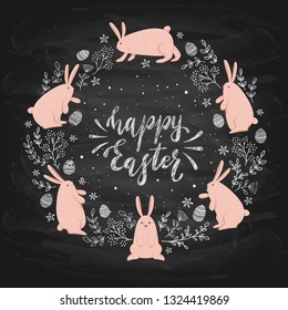 Pink Easter rabbits, eggs and floral elements on black chalkboard background, illustration.