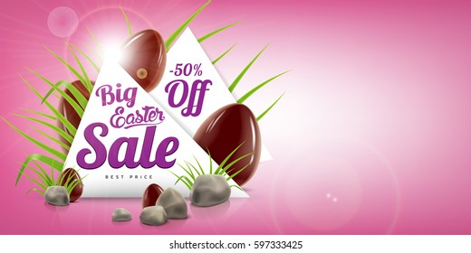 Pink Easter sale banner background template with lettering, green grass, stones and chocolate eggs. Vector illustration for your ad design and advertising needs.