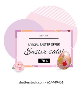 Pink Easter sale banner. Square ornamental egg and pink rose