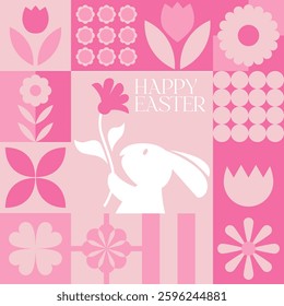 A pink Easter-themed vector illustration featuring a patchwork of floral motifs, geometric patterns, and a white rabbit holding a flower. Perfect for holiday cards, decorations, and textiles.