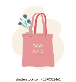 Pink eco bag with flowers. Reuseble eco shopper. Zero waste concept with cotton pouch in modern trendy techniques. Flat cartoon style, vector illustration, isolated on white background.