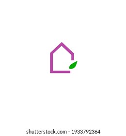 Pink Eco home with leaf sign, symbol, artwork isolated on white