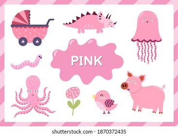 Pink. Educational worksheet for kids. Learning the color pink set. Activity page with main color for toddlers. Vector illustration