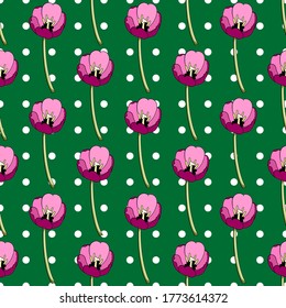 Pink and eggplant tulips seamless pattern, green background with white polka dots. Great for decorating fabrics, textiles, gift wrapping design, any printed materials, advertising, or other design.