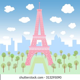Pink Eiffel in green park at Paris