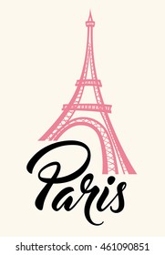 Pink Eiffel Tower and lettering "Paris". Travel concept.