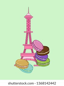 Pink Eiffel Tower with macarons. Flat design. Paris concept. Vector EPS10.
