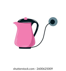 Pink electric kettle with cord, plug and socket, isolated on white background 