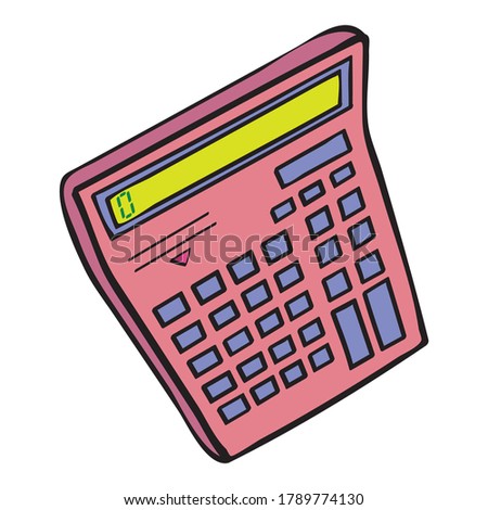 Pink electronic pocket calculator with violet buttons and with a seven-segment liquid-crystal display and with a solar cell vector illustration