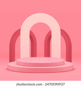 Pink elegant 3d podium geometric stand mock up for beauty cosmetic product show realistic vector illustration. Trendy feminine pastel cylinder pedestal with arch wall background for presentation