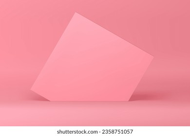 Pantalla de fondo geométrico abstracto de 3d de pared rosa elegante para la ilustración vectorial del producto de belleza femenino. Pentagonal vertical realista stand vacío moderno escaparate para publicidad cosmética