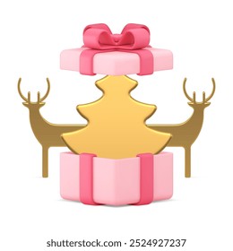 Pink elegant Christmas luxury surprise golden spruce and deer toy 3d icon realistic vector illustration. Feminine Xmas New Year premium present in open heart gift box traditional holiday celebrate