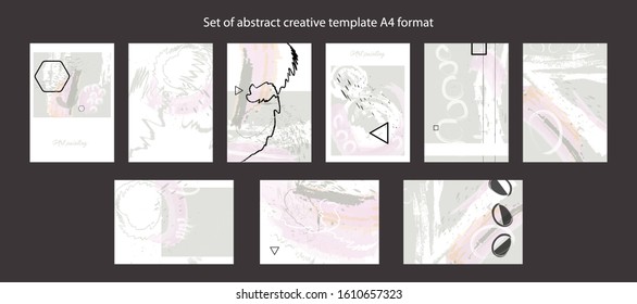 Pink elegant creative card templates set. Collection of romantic invitations with gold abstraction background line color