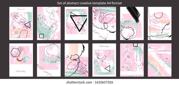 Pink elegant creative card templates set. Collection of romantic invitations with gold abstraction background line color