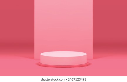 Pink elegant feminine 3d podium cylinder pedestal for beauty product show realistic vector illustration. Trendy round stand pastel showroom with wall background for commercial presentation