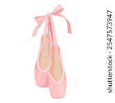 Pink elegant feminine ballet flats hanging on ribbon vector flat illustration. Ballerina dancer shoes grace gymnastic costume footwear traditional culture performance footgear elegance limb pointe