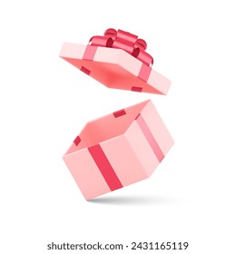 Pink elegant feminine flying gift box with open lid and red bow ribbon 3d icon realistic vector