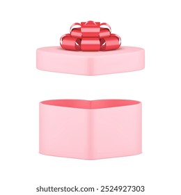 Pink elegant open gift box heart shape for birthday surprise 3d icon realistic vector illustration. Romantic feminine pastel package with red luxury bow ribbon Valentine wedding love present container