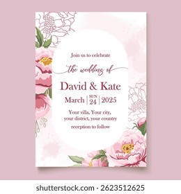 Pink elegant wedding invitation template with beautiful spring peonies, perfect for floral designs and romantic celebration themes