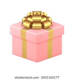 Pink elegant wrapped gift box with luxury golden bow ribbon 3d icon realistic vector illustration