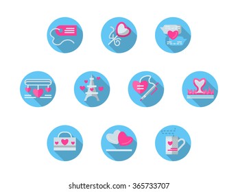 Pink elements on blue buttons for romantic events, love courtship and relationship, marriage. Valentines Day series. Set of round colorful flat vector icons. Elements for web design and mobile.