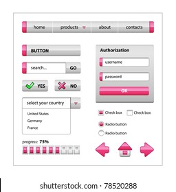 Pink Elements Of Web Interface: Buttons, Menu, Arrows, Progress Bar, Radio Button, Check Box.