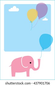 Pink elephant with balloons in the sky.Poster and card design. Vector illustration
