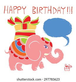 Pink Elephant with Big Gift Box - Happy Birthday vector illustration. Retro cartoon cute elephant child with speech bubble. Hand drawn watercolor holiday card. Color ink paint. Eps 10.