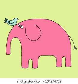 Pink elephant with a bird.Vector illstration.