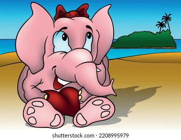 Pink Elephant with Blue Eyes Holding a Red Heart - Colored Cartoon Illustration with Background, Vector